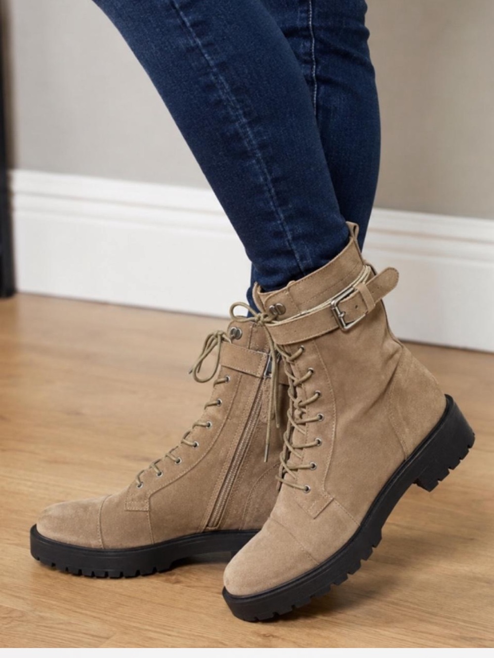 Sam Edelman Tan Suede Lace-Up Combat Boots with Buckle